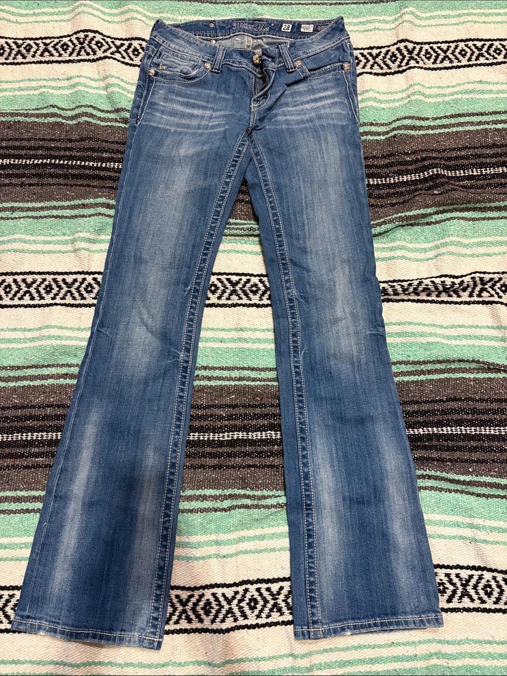 Miss Me Women's Blue Flared Jeans - Light Fade Butterfly Pocket